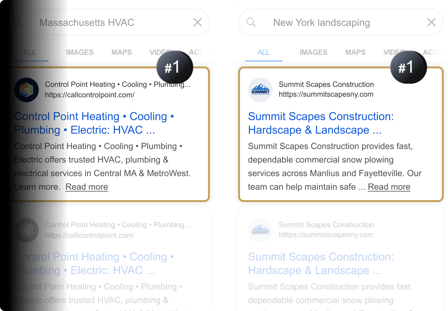 Example Google search results showing Think Creative clients ranking #1