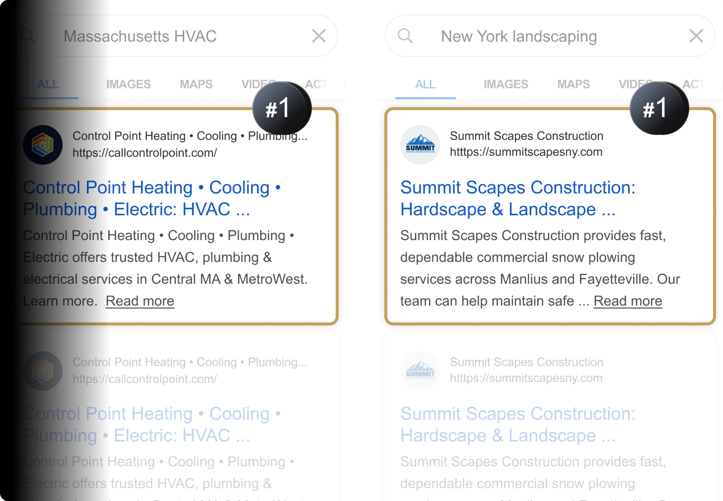 Example Google search results showing Think Creative clients ranking #1