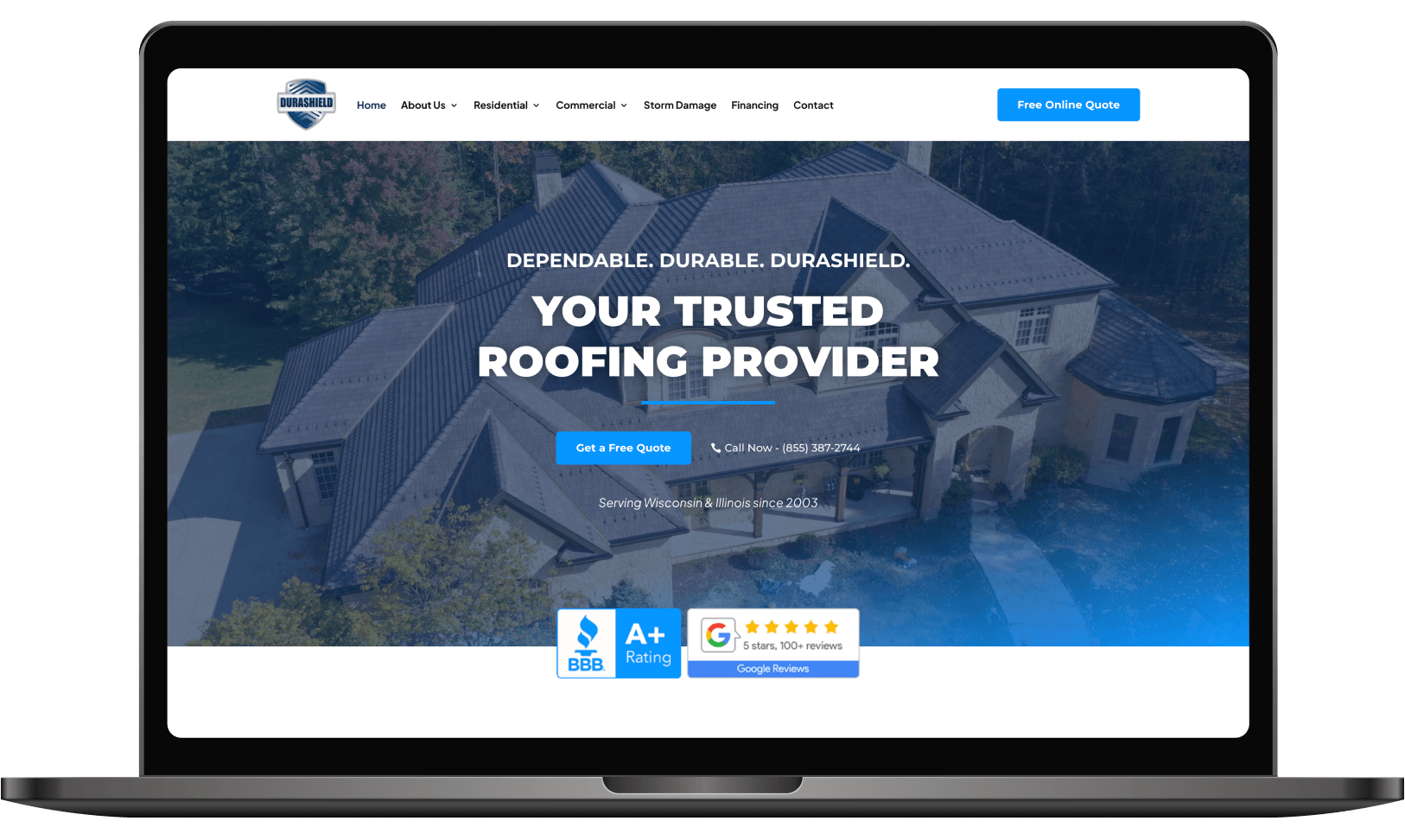 Roofing website example on a laptop