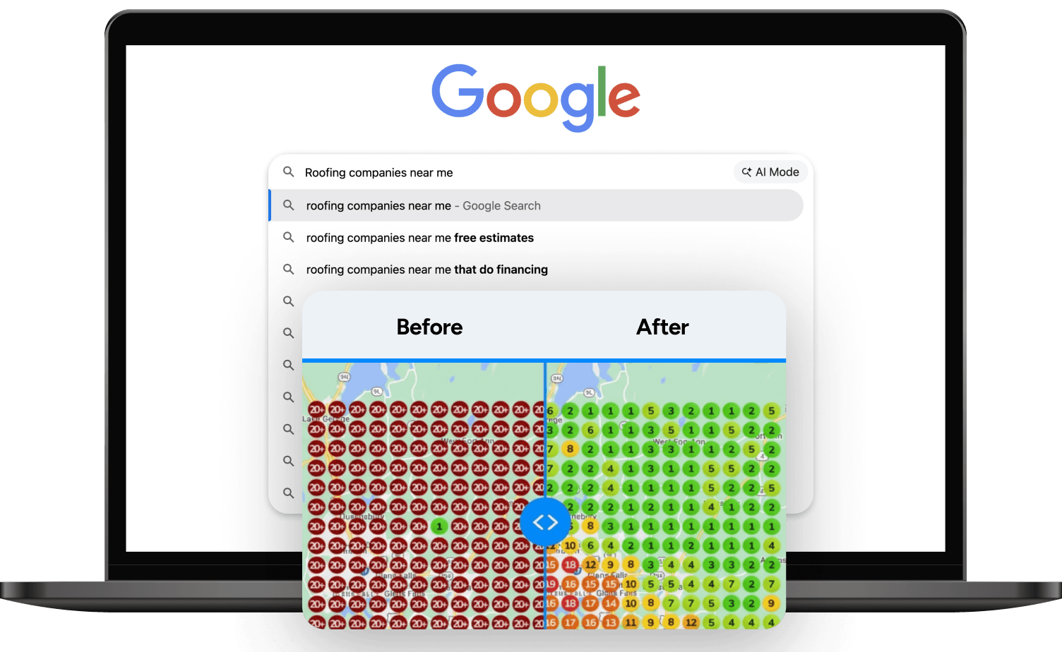 Before and after website redesign comparison on a laptop