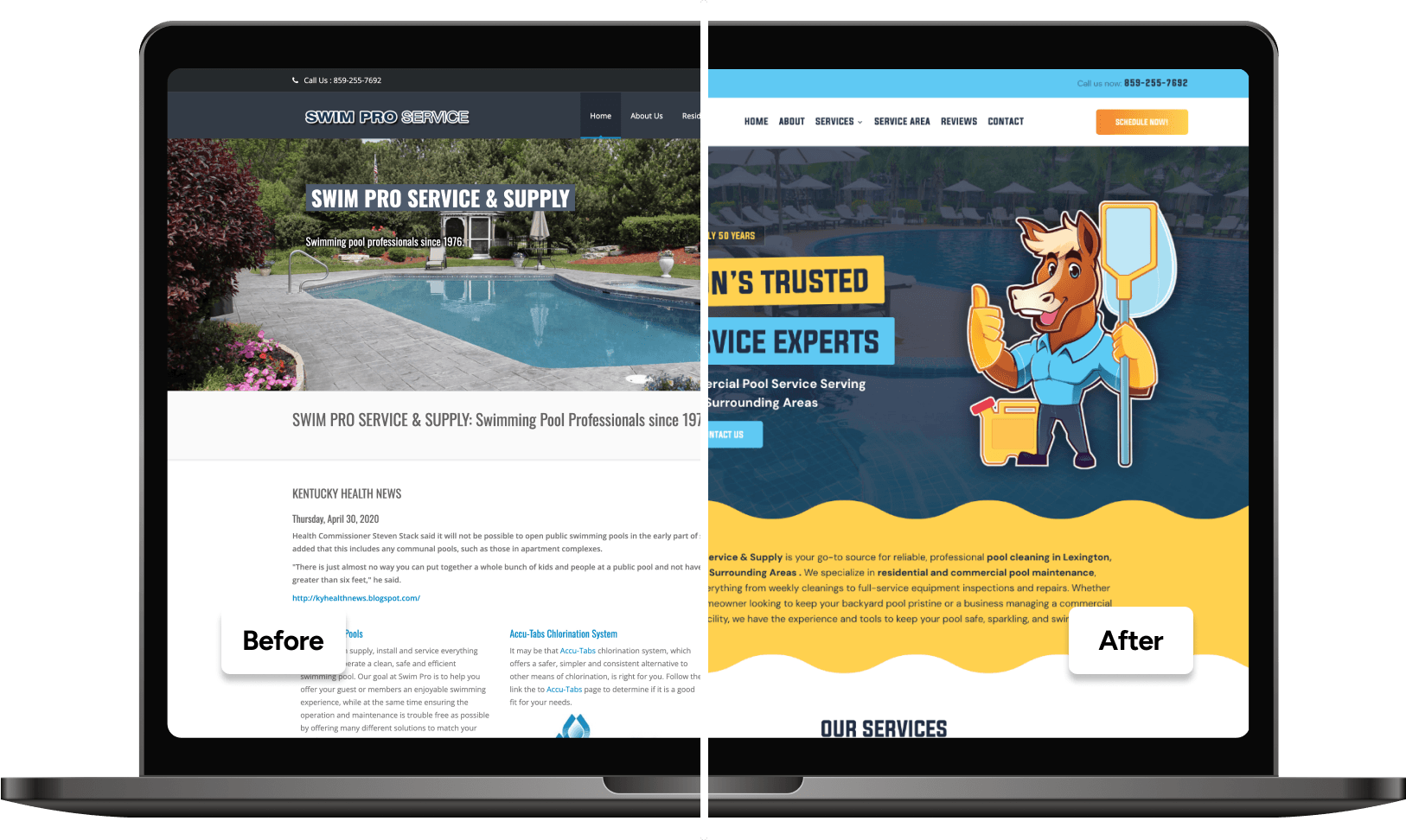 Before and after website redesign comparison on a laptop